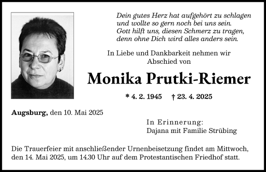 Traueranzeige von Monika Prutki-Riemer von Augsburger Allgemeine
