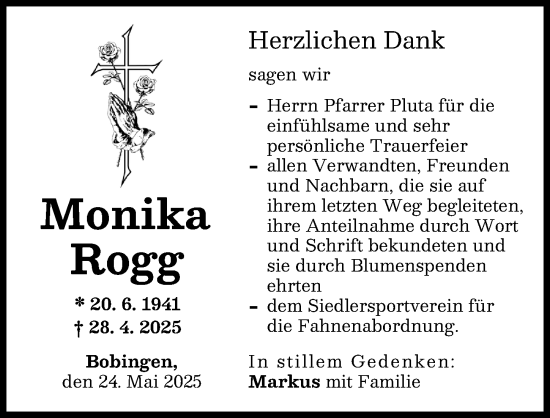 Traueranzeige von Monika Rogg von Schwabmünchner Allgemeine