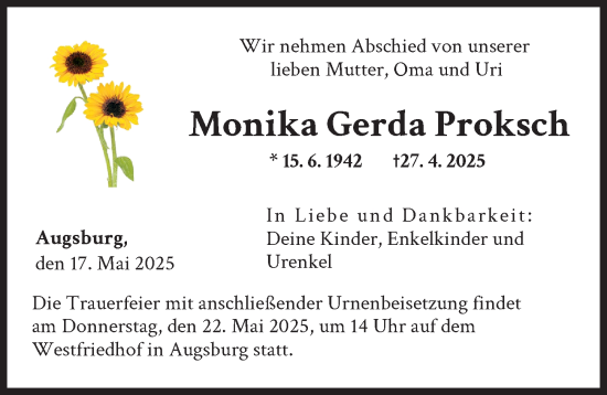 Traueranzeige von Monika Gerda Proksch von Augsburger Allgemeine