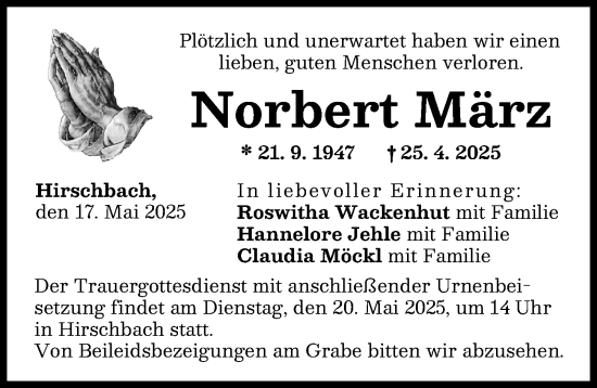 Traueranzeige von Norbert März von Augsburg-Land, Wertinger Zeitung