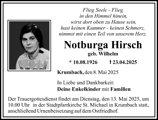 Traueranzeige von Notburga Hirsch von Mittelschwäbische Nachrichten