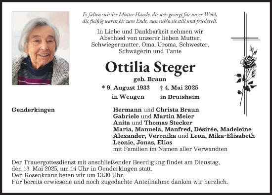 Traueranzeige von Ottilia Steger von Neuburger Rundschau, Donauwörther Zeitung