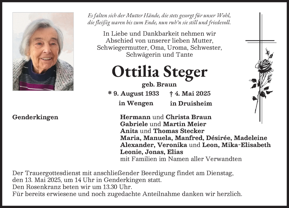  Traueranzeige für Ottilia Steger vom 10.05.2025 aus Neuburger Rundschau, Donauwörther Zeitung