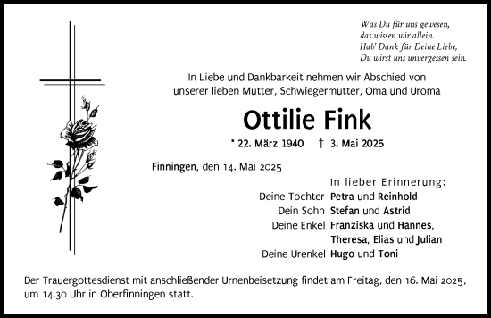 Traueranzeige von Ottilie Fink von Donau Zeitung