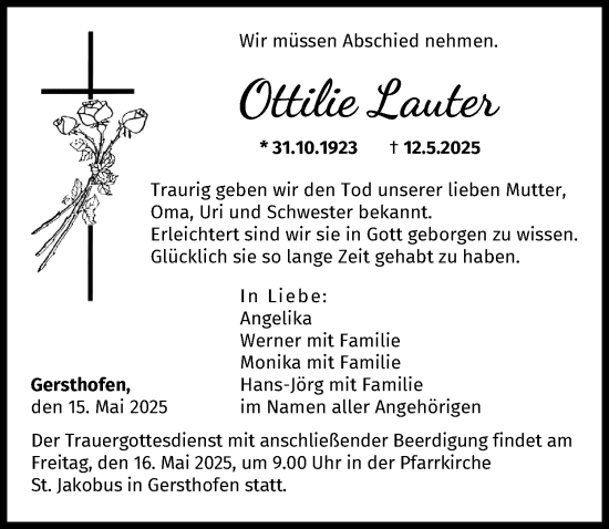 Traueranzeige von Ottilie Lauter von Augsburger Allgemeine