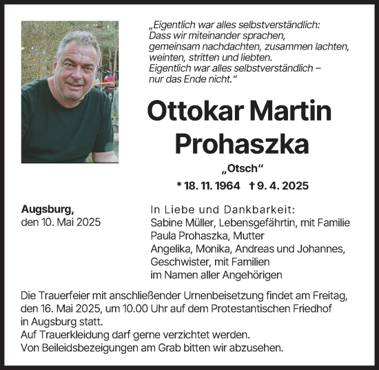 Traueranzeige von Ottokar Martin Prohaszka von Augsburger Allgemeine