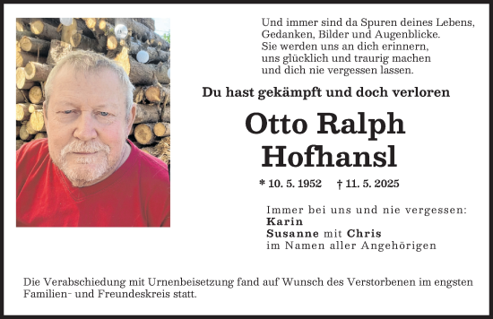 Traueranzeige von Otto Ralph Hofhansl von Friedberger Allgemeine