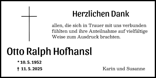 Traueranzeige von Otto Ralph Hofhansl von Friedberger Allgemeine