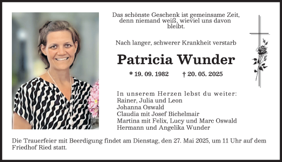 Traueranzeige von Patricia Wunder von Friedberger Allgemeine