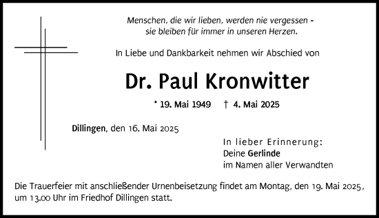 Traueranzeige von Paul Kronwitter von Donau Zeitung
