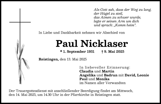 Traueranzeige von Paul Nicklaser von Donau Zeitung