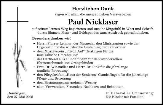 Traueranzeige von Paul Nicklaser von Donau Zeitung
