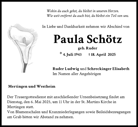 Traueranzeige von Paula Schötz von Donauwörther Zeitung