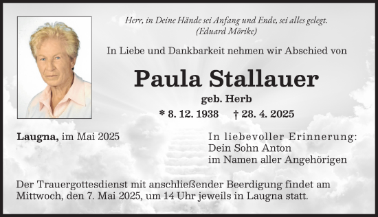 Traueranzeige von Paula Stallauer von Wertinger Zeitung