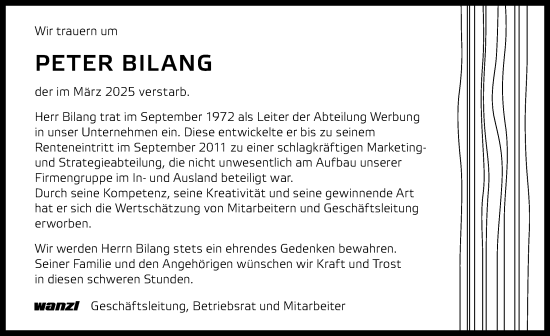Traueranzeige von Peter Bilang von Günzburger Zeitung