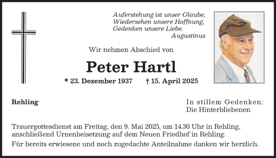 Traueranzeige von Peter Hartl von Aichacher Nachrichten, Augsburger Allgemeine