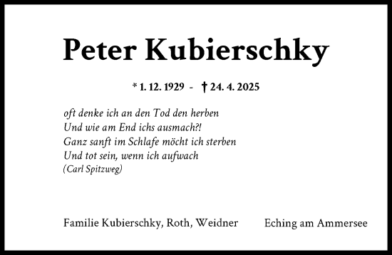 Traueranzeige von Peter Kubierschky von Landsberger Tagblatt