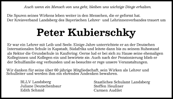Traueranzeige von Peter Kubierschky von Landsberger Tagblatt