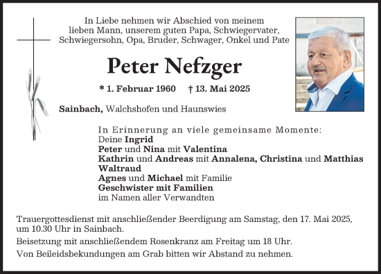Traueranzeige von Peter Nefzger von Aichacher Nachrichten