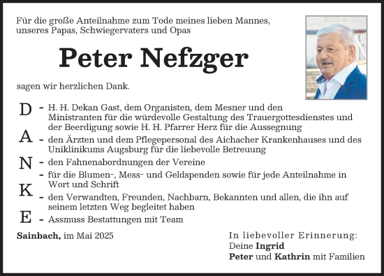 Traueranzeige von Peter Nefzger von Aichacher Nachrichten