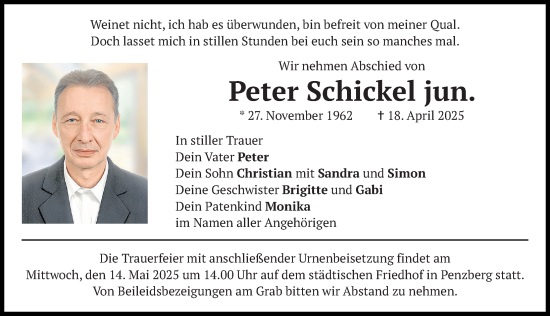 Traueranzeige von Peter Schickel von Mindelheimer Zeitung