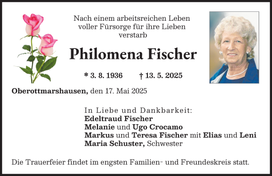Traueranzeige von Philomena Fischer von Schwabmünchner Allgemeine