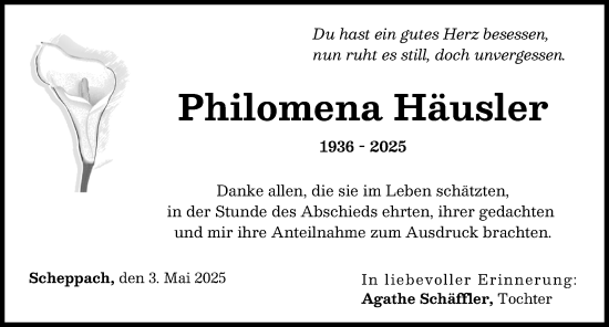 Traueranzeige von Philomena Häusler von Günzburger Zeitung