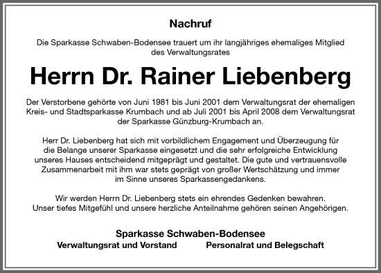 Traueranzeige von Rainer Liebenberg von Günzburger Zeitung, Mittelschwäbische Nachrichten