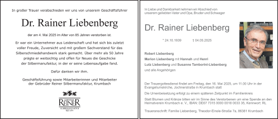 Traueranzeige von Rainer Liebenberg von Mittelschwäbische Nachrichten