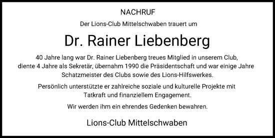 Traueranzeige von Rainer Liebenberg von Mittelschwäbische Nachrichten