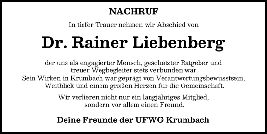 Traueranzeige von Rainer Liebenberg von Mittelschwäbische Nachrichten