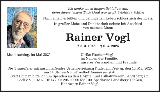 Traueranzeige von Rainer Vogl von Landsberger Tagblatt