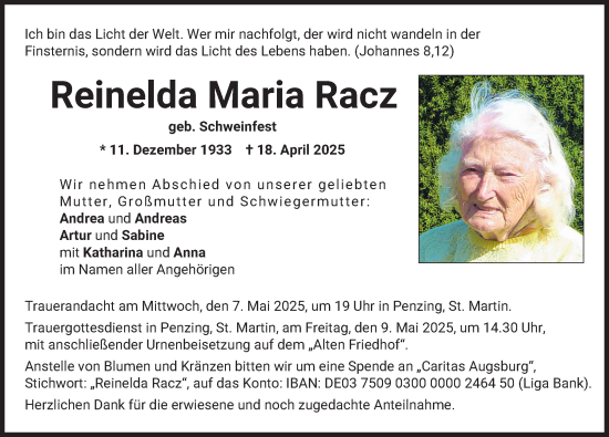 Traueranzeige von Reinelda Maria Racz von Landsberger Tagblatt