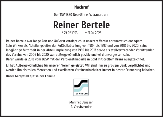 Traueranzeige von Reiner Bertele von Neu-Ulmer Zeitung