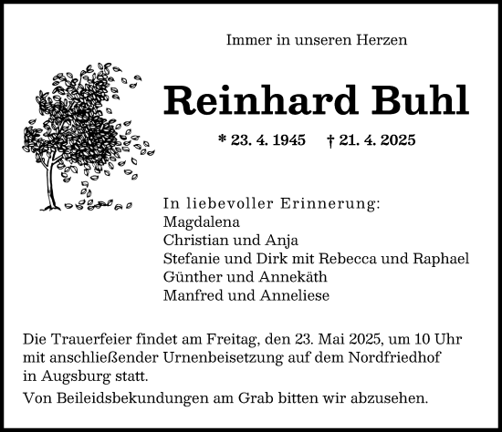 Traueranzeige von Reinhard Buhl von Augsburger Allgemeine