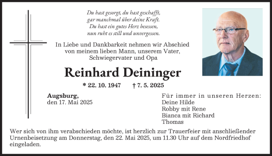 Traueranzeige von Reinhard Deininger von Augsburger Allgemeine
