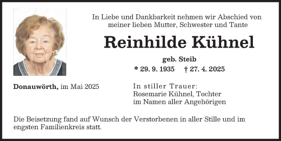 Traueranzeige von Reinhilde Kühnel von Donauwörther Zeitung