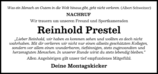 Traueranzeige von Reinhold Prestel von Mindelheimer Zeitung