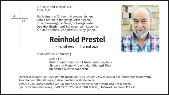 Traueranzeige von Reinhold Prestel von Mindelheimer Zeitung