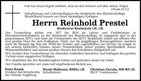 Traueranzeige von Reinhold Prestel von Mindelheimer Zeitung
