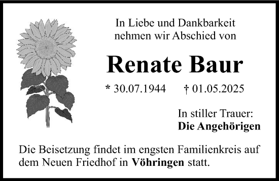 Traueranzeige von Renate Baur von Illertisser Zeitung