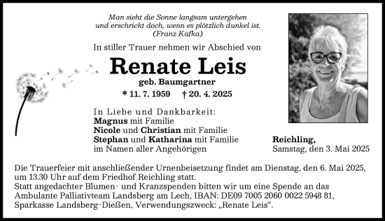 Traueranzeige von Renate Leis von Landsberger Tagblatt