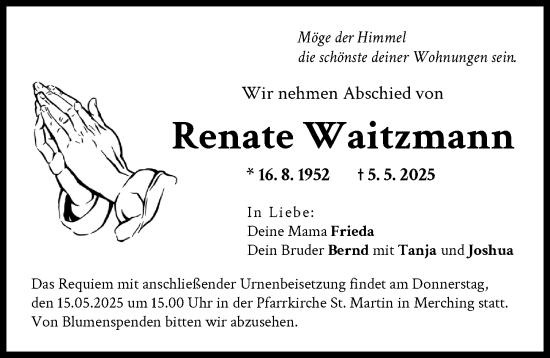 Traueranzeige von Renate Waitzmann von Friedberger Allgemeine