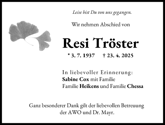 Traueranzeige von Resi Tröster von Günzburger Zeitung