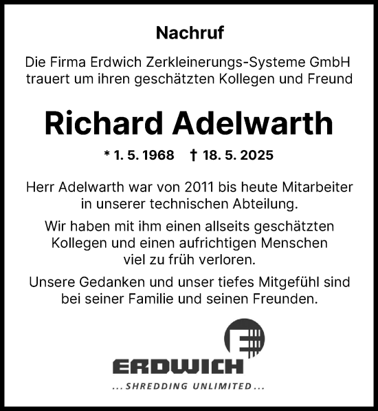 Traueranzeige von Richard Adelwarth von Mindelheimer Zeitung
