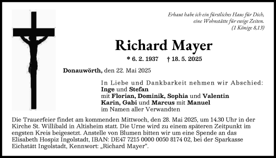 Traueranzeige von Richard Mayer von Donauwörther Zeitung