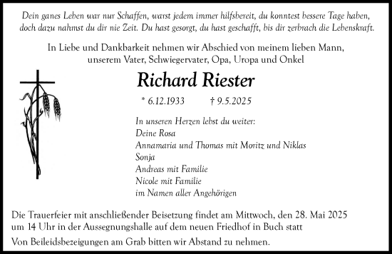Traueranzeige von Richard Riester von Illertisser Zeitung