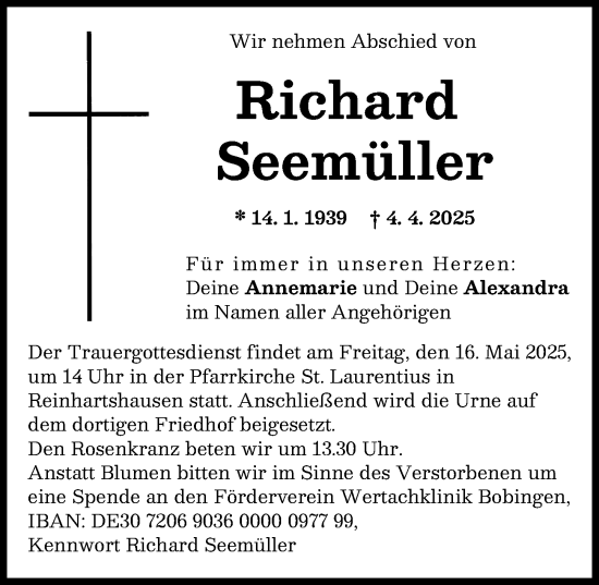 Traueranzeige von Richard Seemüller von Schwabmünchner Allgemeine