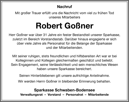 Traueranzeige von Robert Goßner von Augsburger Allgemeine