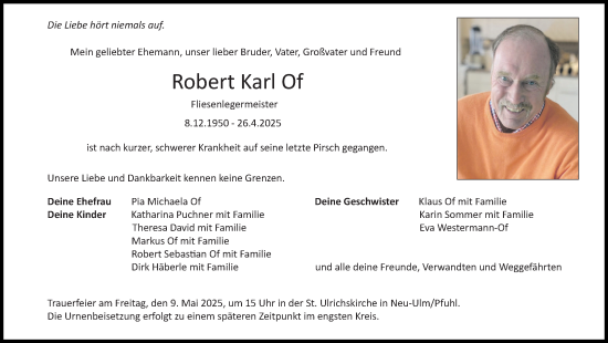 Traueranzeige von Robert Karl Of von Augsburger Allgemeine, Neu-Ulmer Zeitung